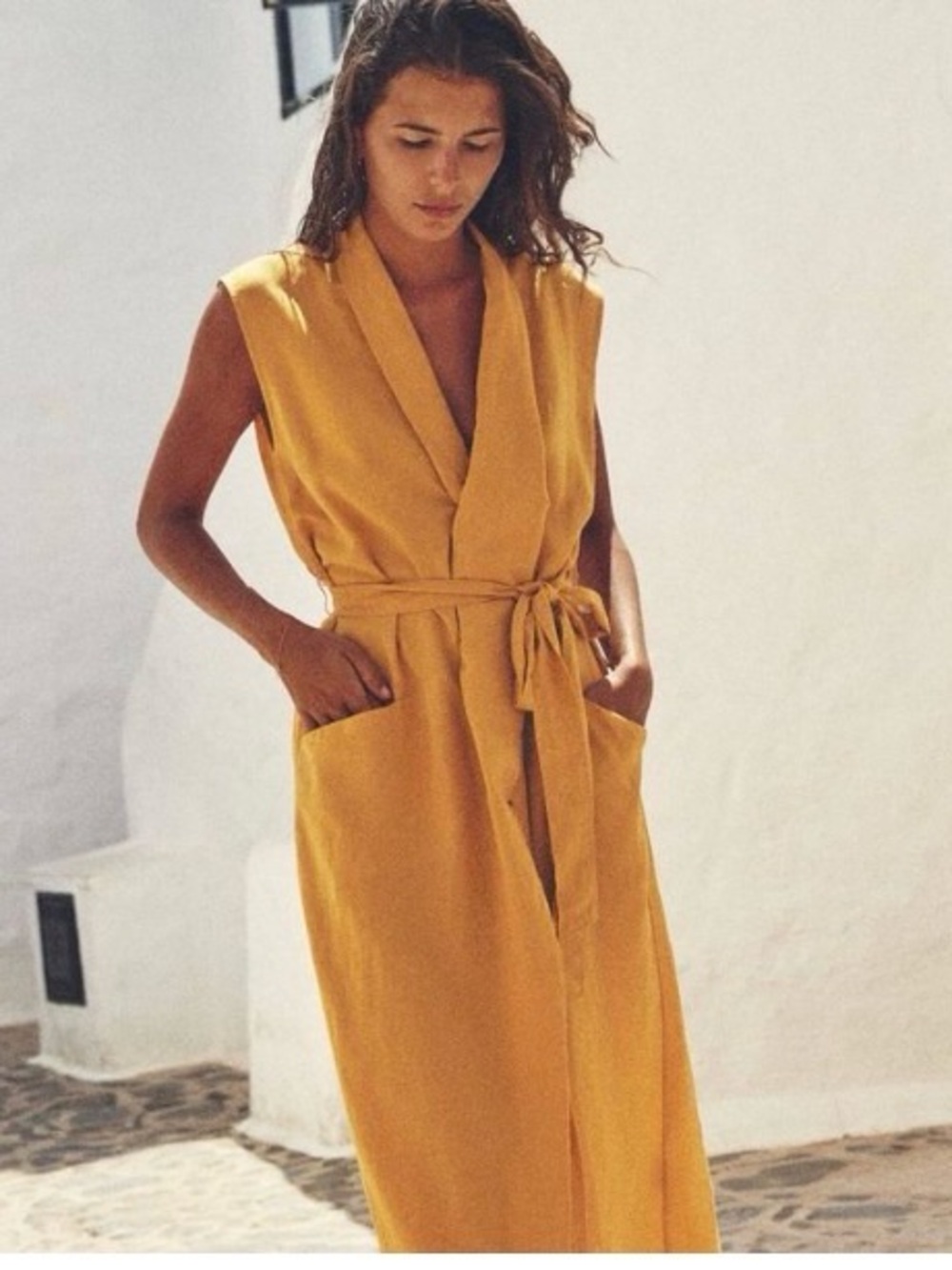 Zara Sleeveless Mustard Yellow Wrap Midi Dress with Tie Waist XS
